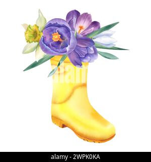 Scarpa gialla con croco e fiori di narcisi in acquerello su sfondo bianco. Illustrazione dipinta a mano. Primavera, autunno. Scarpe di gomma per wal Foto Stock