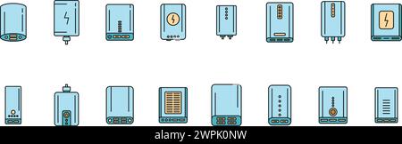 Le icone del caricabatteria del power Bank impostano il vettore del contorno. Batteria alternativa. Linea colore accumulatore esterno isolata Illustrazione Vettoriale