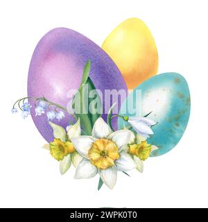 Un set di uova di Pasqua in blu, giallo e viola con fiori primaverili di narcisi e gigli della valle. Illustrazione ad acquerello dipinta a mano. Clipa Foto Stock