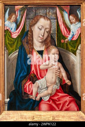 "La Vergine col bambino con due angeli", 1480, Maestro de la Leyenda de Santa Úrsula, Museo Thyssen Bornemisza, Madrid, Spagna, Europa Foto Stock