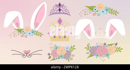 Gli elementi del volto di coniglio impostano le orecchie del disegno piatto del cartone animato e le illustrazioni vettoriali del naso isolate. Filtro maschera Bunny Ears con corona floreale. Illustrazione Vettoriale