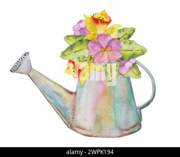 Illustrazione ad acquerello disegnata a mano strumenti da giardinaggio a molla, lattina da innaffiare in metallo con fiori gemme foglie. Composizione isolata su sfondo bianco Foto Stock