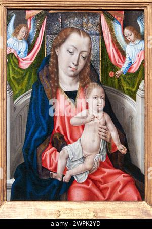 Maestro de la Leyenda de santa Ursula (Activo en Brujas, hacia 1470-1500), la Vergine col bambino con due angeli, Hacia 1480 Foto Stock