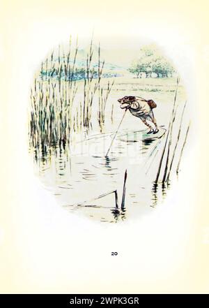 Il signor JEREMY ha preso un'asta di canne e ha spinto la barca in acqua aperta la storia di Mr. Jeremy Fisher di Beatrix Potter, The tale of Mr. Jeremy Fisher è un libro per bambini, scritto e illustrato da Beatrix Potter. Fu pubblicato da Frederick Warne & Co. Nel luglio 1906. Jeremy Fisher è una rana che vive in una casa "sciocca" ai margini di uno stagno. Durante un giorno di pioggia, raccoglie vermi per la pesca e parte attraverso lo stagno sulla sua barca con i tappetini per le gile. Ha in programma di invitare i suoi amici a cena se prende più di cinque minuti. Incontra ogni sorta di battute d'arresto per il suo obiettivo, e fugge a Foto Stock