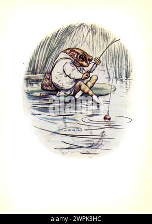 Il racconto di Mr. Jeremy Fisher di Beatrix Potter, The tale of Mr. Jeremy Fisher è un libro per bambini, scritto e illustrato da Beatrix Potter. Fu pubblicato da Frederick Warne & Co. Nel luglio 1906. Jeremy Fisher è una rana che vive in una casa "sciocca" ai margini di uno stagno. Durante un giorno di pioggia, raccoglie vermi per la pesca e parte attraverso lo stagno sulla sua barca con i tappetini per le gile. Ha in programma di invitare i suoi amici a cena se prende più di cinque minuti. Incontra ogni sorta di battute d'arresto per il suo obiettivo, e fugge da una trota grossa che cerca di ingoiarlo. Nuota per la costa, decide lui Foto Stock