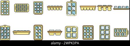 Le icone dei vassoi dei cubetti di ghiaccio impostano il vettore del contorno. Raffreddare il contenitore. Linea colorata isolata per congelatore da cucina Illustrazione Vettoriale