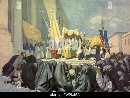 Processione della Festa di San Giovanni, la Valletta Malta, dipinto di Vittorio Boron. Vittorio Boron nacque a Torino nel 1859. Era figlio di un giudice e di un avvocato di professione, ma non ha mai lavorato come avvocato. Invece viaggiò e trascorse il suo tempo scrivendo e dipingendo. Un certo numero dei suoi dipinti di Malta sono stati utilizzati per illustrare il primo libro di Frederick W. Ryan 'Malta - dipinto da Vittorio Boron - descritto da Frederick W. Ryan'. Il libro è stato pubblicato nel 1910 a Londra e contiene 20 tavole di Boron a colori. Vittorio Boron morì a San Giorgio Canavese, nel 1940. Foto Stock