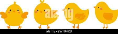 Piccola collezione di polli pasquali. Affascinanti personaggi dei cartoni animati per carte per bambini, baby shower, invito, poster. Illustrazione vettoriale Illustrazione Vettoriale