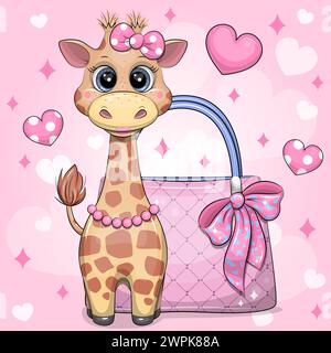 La simpatica giraffa dei cartoni animati indossa un fiocco e si trova vicino alla borsa della donna. Illustrazione vettoriale di un animale su sfondo rosa con cuori. Illustrazione Vettoriale