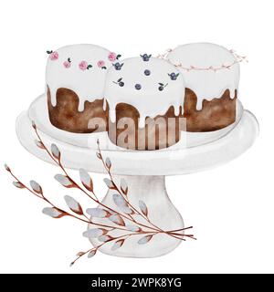 Torte di Pasqua su un'illustrazione ad acquerello. Composizione festosa di cupcake decorati con fiori di glassa bianchi e frutti di bosco. Con un bouquet di Foto Stock