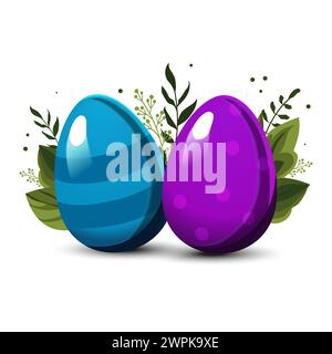 Uovo a strisce di Pasqua blu e uovo con pois di polka con foglie verdi e rami sullo sfondo. Illustrazione in stile piatto. Clipart vettoriale per de Illustrazione Vettoriale