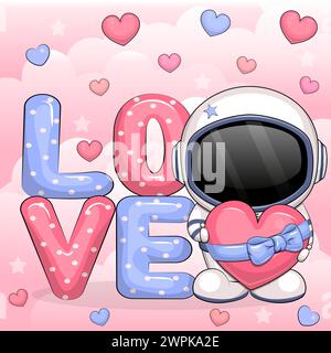 Word Love e simpatico astronauta cartoni animati con grande cuore. Illustrazione vettoriale di un animale su sfondo rosa con cuori. Illustrazione Vettoriale