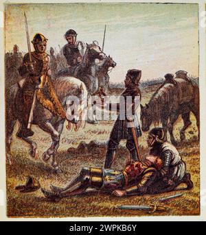 Illustrazione d'epoca della Battaglia di Bosworth Field, morte di re Riccardo III, Re dato ad Enrico VII, Medieval, Tudor, English History Foto Stock