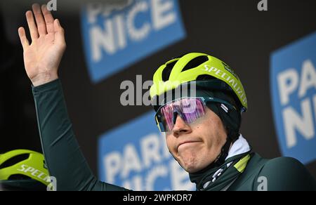 Sisteron, Francia. 8 marzo 2024. Il lussemburghese Bob Jungels di Bora-Hansgrohe nella foto al via della sesta tappa della gara ciclistica a tappe Parigi-Nizza di otto giorni, 198 km da Sisteron a la Colle-sur-Loup, Francia, venerdì 08 marzo 2024. BELGA PHOTO JASPER JACOBS credito: Belga News Agency/Alamy Live News Foto Stock