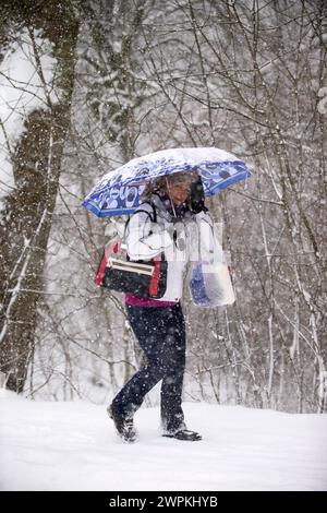 29/01/15 forti nevicate causano incidenti multipli, veicoli bloccati e caos nel traffico, mentre il tempo invernale fa del suo meglio per arrestare il Derby Foto Stock