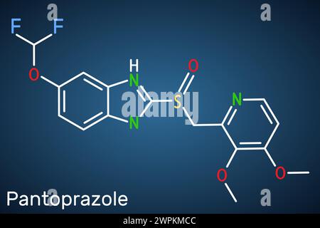 Molecola di pantoprazolo. È un inibitore della pompa protonica, un farmaco per l'ulcera gastrica. Formula chimica strutturale su sfondo blu scuro. Illustrazione vettoriale Illustrazione Vettoriale