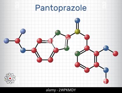 Molecola di pantoprazolo. È un inibitore della pompa protonica, un farmaco per l'ulcera gastrica. Modello molecolare, foglio di carta in gabbia. Illustrazione vettoriale Illustrazione Vettoriale