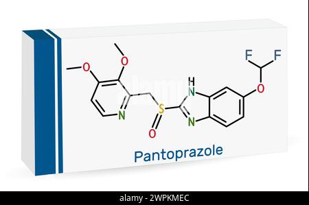 Molecola di pantoprazolo. È un inibitore della pompa protonica, un farmaco per l'ulcera gastrica. Formula chimica scheletrica. Imballaggio di carta per farmaci. Illustrazione vettoriale Illustrazione Vettoriale