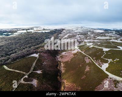 Inverno sulle colline e le valli del Dartmoor Park, della riserva naturale nazionale di East Dartmoor, di Yarner Wood, di Bovey Tracey, Inghilterra Foto Stock