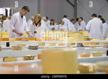 28/07/15 i giudici cercano il formaggio vincitore tra le 4592 partecipazioni agli International Cheese Awards, al Nantwich Show nel Cheshire oggi. Tutte le attrezzature Foto Stock