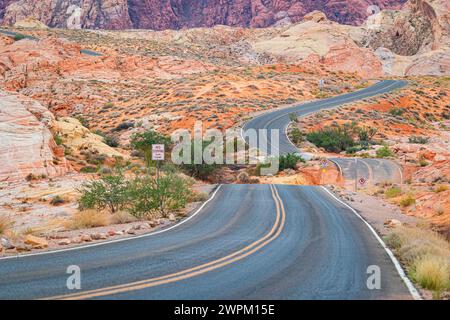 Una strada maestosa che attraversa la splendida Valley of Fire, Nevada, Stati Uniti d'America, Nord America Foto Stock