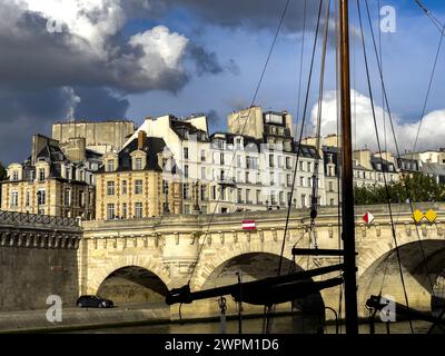 Albero di barche, ponte ed edifici a Parigi, Francia, Europa Foto Stock