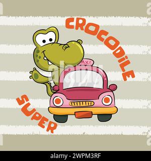 Super Crocodile sta guidando una macchina. Illustrazione del cartone animato a coccodrillo Illustrazione Vettoriale