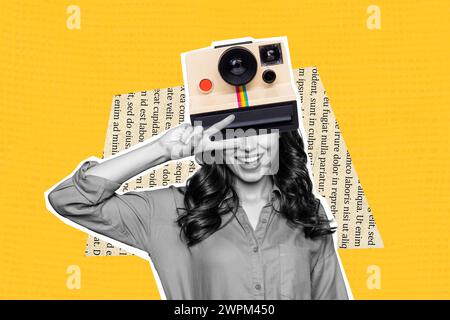 Disegna grafica immagine collage di foto 3D di immagine surreale giovane donna senza volto invece scatta istantaneamente un cartello di pace con la fotocamera polaride Foto Stock