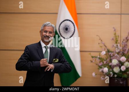 Tokyo, Giappone. 8 marzo 2024. Il ministro degli Esteri indiano Subrahmanyam Jaishankar attende il primo ministro giapponese Fumio Kishida mentre fa una visita di cortesia a Kishida nell'ufficio del primo ministro a Tokyo, venerdì 8 marzo 2024. (Credit Image: © POOL via ZUMA Press Wire) SOLO USO EDITORIALE! Non per USO commerciale! Foto Stock