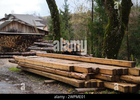 Tronchi di abete rosso pali. Alberi segati dalla foresta. Industria del legno di legno di logging. Tagliare alberi lungo una strada preparata per la rimozione. Foto di alta qualità Foto Stock