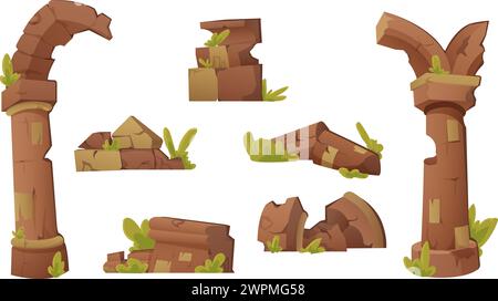 Antiche rovine incastonate - architettura distrutta o monumenti di antiche civiltà e cultura tribale. Collezione vettoriale di cartoni animati di antiquariato medievale in rovina Illustrazione Vettoriale