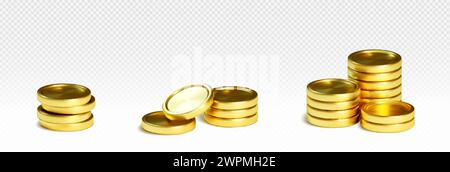 Pile 3D di monete d'oro isolate su sfondo trasparente. Illustrazione vettoriale realistica di pile di denaro, icona del tasso di interesse, deposito bancario, reddito Illustrazione Vettoriale