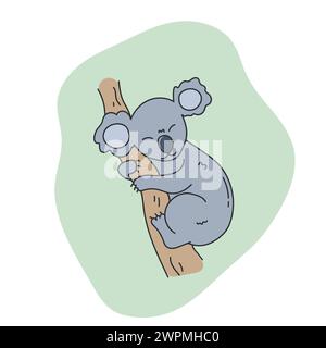 Carino koala disegnato a mano che dorme su un albero. Personaggio koala sonnolento dei cartoni animati. Illustrazione vettoriale Illustrazione Vettoriale