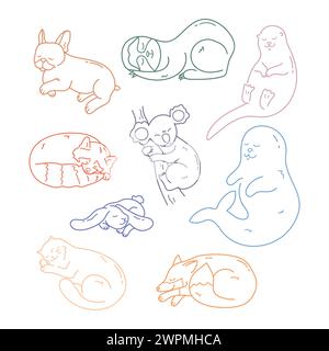 Set di simpatici profili di diversi animali dormienti disegnati a mano. Doodle gatto assonnato, lontra, foca, koala, bulldog francese, coniglio, volpe, panda rosso e bradipo an Illustrazione Vettoriale