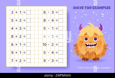 Gioco di matematica per bambini. Addizione e sottrazione. Illustrazione Vettoriale