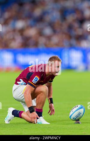 Sydney, Australia. 8 marzo 2024. Sam Gilbert degli Highlanders si prepara a calci in porta durante il Super Rugby Pacific 2024 Rd3 match tra Waratahs e Highlanders all'Allianz Stadium il 9 marzo 2024 a Sydney, Australia Credit: IOIO IMAGES/Alamy Live News Foto Stock