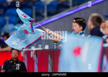 Sydney, Australia. 8 marzo 2024. I funs dei Waratahs mostrano il loro sostegno durante il Super Rugby Pacific 2024 Rd3 match tra i Waratahs e gli Highlanders all'Allianz Stadium l'8 marzo 2024 a Sydney, Australia Credit: IOIO IMAGES/Alamy Live News Foto Stock