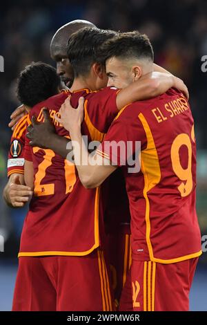 Roma, Lazio. 7 marzo 2024. Romelu Lukaku della Roma festeggia il suo gol durante la partita di UEFA Europa League contro Roma e Hove Albion allo stadio Olimpico di Roma, in Italia, 7 marzo 2024. Credito AllShotLive: SIPA USA/Alamy Live News Foto Stock