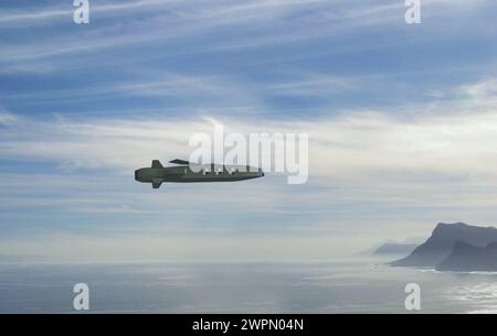 Taurus Cruise Missile sul cielo, modello 3D in polietilene basso. Taurus Cruise Missile in cielo. Modello semplice in polietilene basso, immagine simbolo. Missile terra-aria, equipaggiamento militare, volo autonomo, volo a bassa quota. 3D Concept Military M001s01 taurus cruise missile Foto Stock