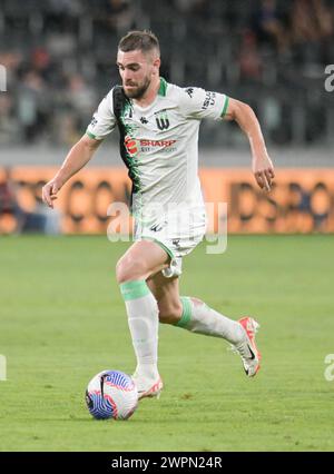 Parramatta, Australia. 8 marzo 2024. Benjamin Garuccio della squadra del Western United FC è visto in azione durante la gara di Isuzu UTE A-League 2023-24 tra il Western Sydney Wanderers FC e il Western United FC tenutasi al CommBank Stadium. Punteggio finale; Western United FC 3:1 Western Sydney Wanderers FC. (Foto di Luis Veniegra/SOPA Images/Sipa USA) credito: SIPA USA/Alamy Live News Foto Stock