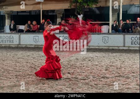 Las Caballerizas Reales de Cordoba (le scuderie reali di Cordoba), ballerina di flamenco che partecipa a una danza con un cavallo andaluso e un cavaliere in Foto Stock