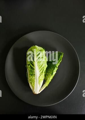 Cuore di lattuga, piccola lattuga romaina, foglie di lattuga verde intere su un piatto su sfondo scuro Foto Stock