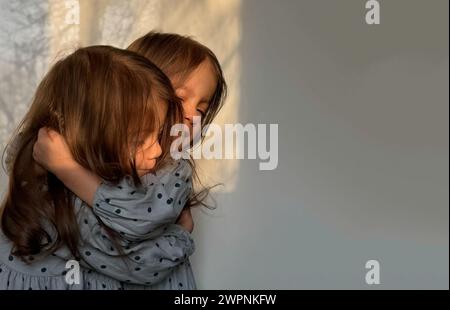 Felice giorno dei fratelli. Ritratto di bambine gemelle che si abbracciano a vicenda. Copia spazio Foto Stock