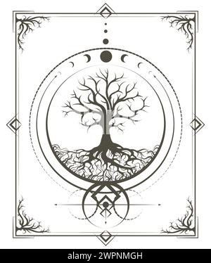 Fasi lunari e albero della vita in geometria sacra cerchio illustrazione vettoriale esoterica isolato su bianco. Non è stata utilizzata alcuna IA. Illustrazione Vettoriale