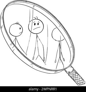 Human Research or People under Magnifying Glass, Vector Cartoon Stick Figure Illustration Illustrazione Vettoriale