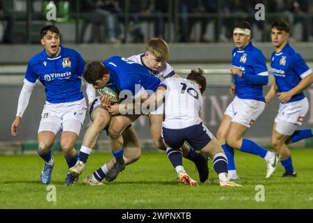 Treviso, Italia. 8 marzo 2024. 08/03/2024; foto Alfio Guarise; 6 Nazioni U20; Stadio Monigo di Treviso; Italia vs Scozia; Rugby; Italia vs Scozia; U20 durante U20 sei Nazioni - Italia vs Scozia, Rugby Six Nations match a Treviso, Italia, 08 marzo 2024 crediti: Independent Photo Agency/Alamy Live News Foto Stock