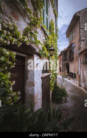 Vicolo romantico nel centro medievale di Saint Paul du Vence, Provence-Alpes-Cote d'Azur nel sud della Francia Foto Stock