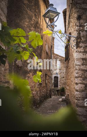 Vicolo romantico nel centro medievale di Saint Paul du Vence, Provence-Alpes-Cote d'Azur nel sud della Francia Foto Stock