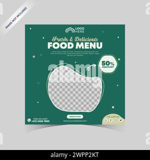 Modello di cibo per i social media. Modello di banner per social media per ristoranti per la promozione aziendale. Banner del menu gastronomico post sui social media Illustrazione Vettoriale