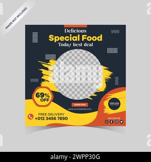Modello di cibo per i social media. Modello di banner per social media per ristoranti per la promozione aziendale. Banner del menu gastronomico post sui social media Illustrazione Vettoriale